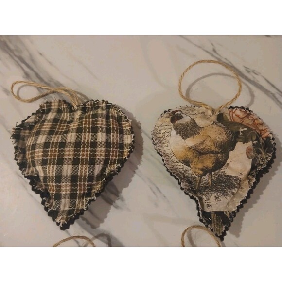 Christmas Ornaments  Handmade Gift  Primitive Cottage Rooster Heart - Set of 4 - Picture 2 of 3